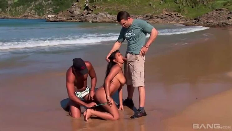 Double Penetration Threesome with Brunette on the Beach