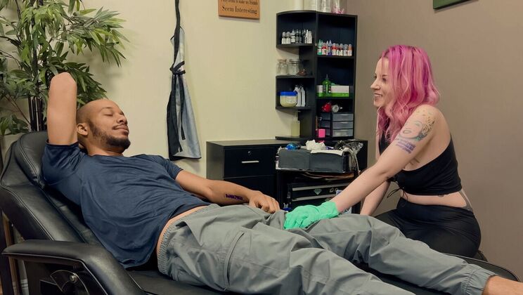 Tattoo Model Gets Handjob and Facial