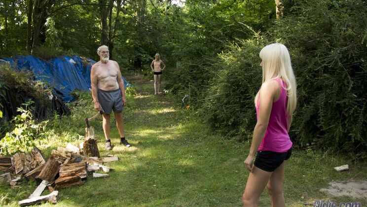 Threesome with Two Skinny Blondes and Older Man